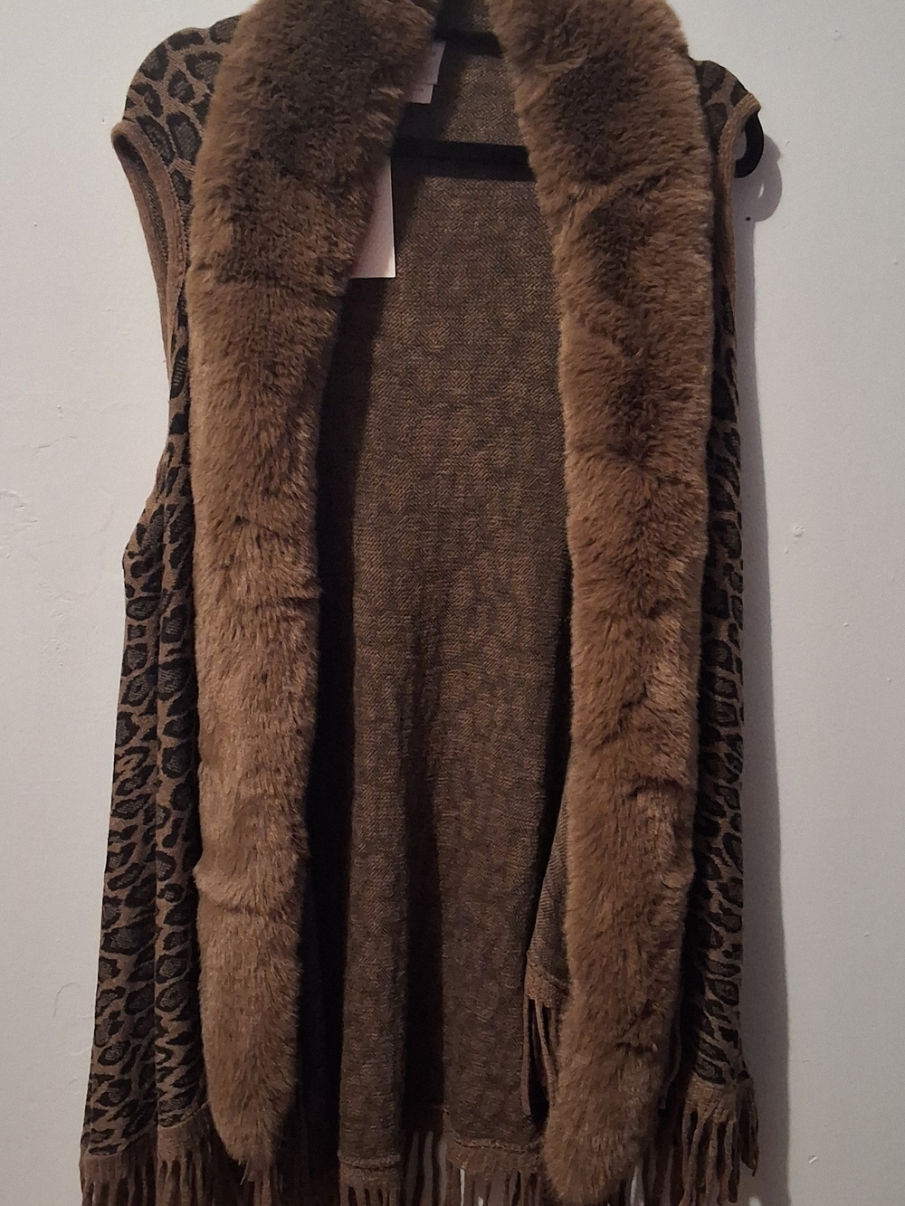Norther Angel Faux Fur Trim Leopard Print Fringe Vest - Brown